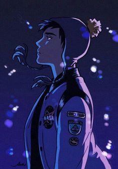 a drawing of a man in an astronaut's suit looking up at the sky