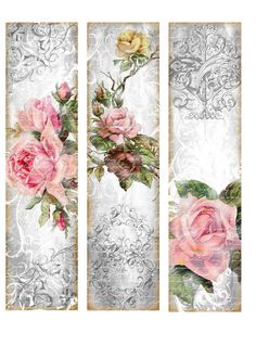 three floral banners with pink roses on white paper and silver foiled background, set of 3