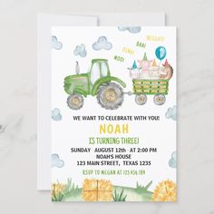 a green tractor birthday party card