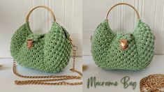 there is a green crocheted purse with gold hardwares on the front and side