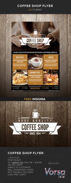 an advertisement for coffee shop with wood background