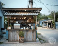 an outdoor coffee shop with potted plants on the outside