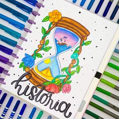 a drawing of an hourglass with the word kustoia in it and flowers