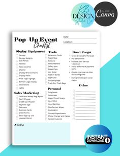 the pop up event checklist is shown on a blue and white background with text