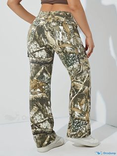 Orcajump - Plus Size Retro Jeans, Women's Plus Leaf Print Straight Leg High Waisted Cargo Denim Pants With Flap Pockets Camouflage Straight Leg Cotton Bottoms, Camouflage Cotton Long Pants, Camouflage Cotton Jeans With Pockets, Camouflage Cotton Bottoms With Hip Pockets, Camouflage Cotton Trousers, Mid-rise Camouflage Bottoms For Fall, Camouflage Mid-rise Bottoms For Fall, Casual Camouflage Cargo Jeans, Fall Camouflage Mid-rise Bottoms