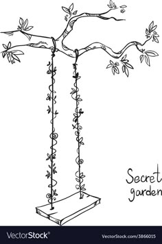 a swing that is hanging from a tree branch with leaves on it and the words secret garden