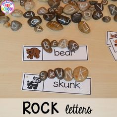 rocks with letters and animals on them to spell the word'rock's '