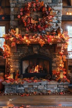 the fireplace is decorated with autumn leaves