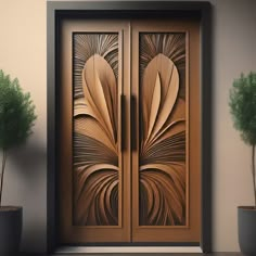 two wooden doors with decorative designs on them in front of a potted green plant