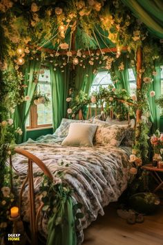 Large cottagecore bedroom with an enchanting green and floral color scheme, featuring vintage furniture, botanical prints, and a lace canopy, illuminated by charming fairy lights. Green Fantasy Bedroom, Woodland Inspired Bedroom, Mushroom Fairy Bedroom, Forestcore Bedroom Ideas, Green Nature Bedroom Aesthetic, Nature Core Bedroom, Elf Bedroom Ideas, Cottagecore Bedroom Makeover