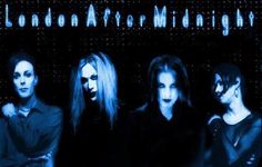 the band london after midnight posing in front of a black and blue background with text