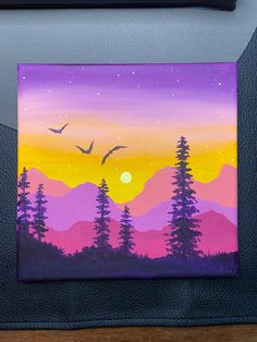 a painting of trees and birds flying in front of a sunset with purple, yellow and pink colors