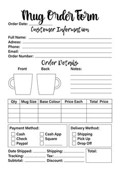 an order form for coffee shops with cups and mugs on the front, in black and