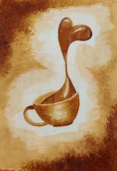 a painting of a coffee cup shaped like a duck's head with the shape of a spoon sticking out of it