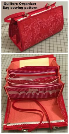 an open red purse sitting on top of a table next to another bag with scissors in it