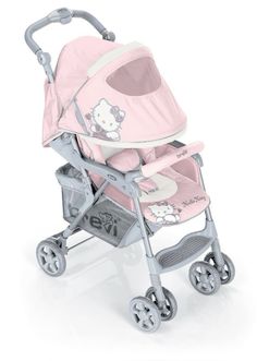 a pink stroller with hello kitty on it