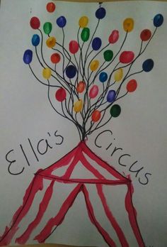 a child's drawing of a circus tent with balloons in the shape of a tree