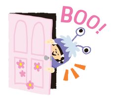 an image of a cartoon character peeking out from behind a door with the words boo on it