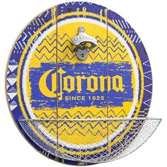 a blue and yellow clock with the word corona on it