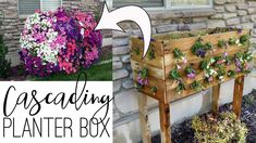 the gardening planter box is made out of wood and has flowers growing in it