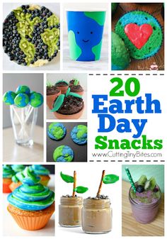 there are many different pictures with the words earth day snacks on them, including blue and green cupcakes