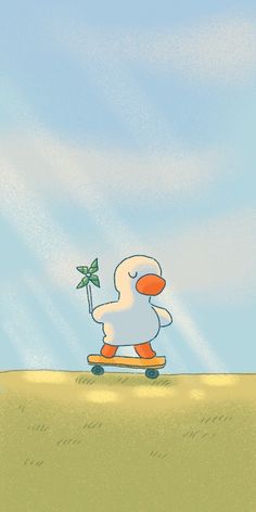 a cartoon duck riding a skateboard with a green leaf in it's hand