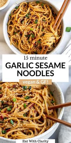 garlic sesame noodles in a bowl with chopsticks and seasoning on the side