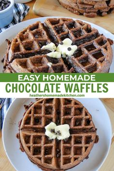 homemade chocolate waffles on a white plate with text overlay that reads easy homemade chocolate waffles