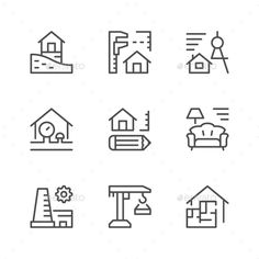 set of thin line house icons - buildings objects