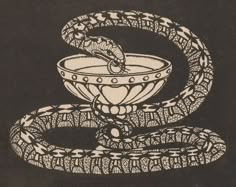 a black and white drawing of a bowl with a snake on it's side