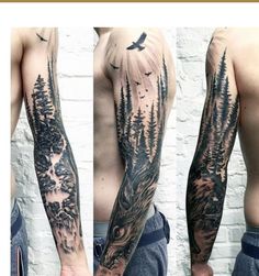 the arm is full of tattoos and trees, while another half sleeve has birds on it