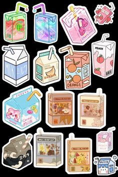 an assortment of stickers that include milk, orange juice and other food related items