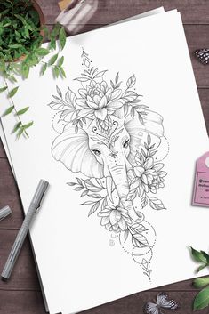 Elephant and Lotus Flowers tattoo design Elephant Head Tattoo, Elephant Thigh Tattoo, Mandala Elephant Tattoo, Hip Thigh Tattoos, Lotus Tattoo Design, Feminine Tattoo Sleeves, Elephant Tattoo Design, Boho Tattoos, Clever Tattoos