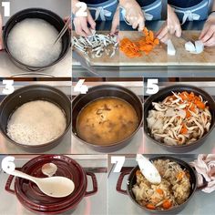 the steps to make chicken noodle soup are shown in four different pictures, including onions and carrots