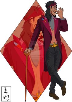 an image of a man with a hat and cane in front of a red diamond