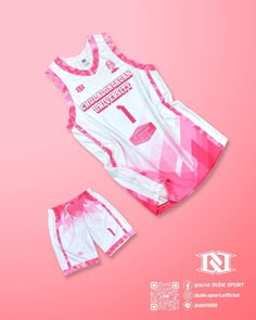 a pink and white uniform with the number 1 on it is displayed in front of a pink background