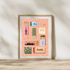 a framed art print with various items on it