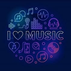 the word i love music surrounded by icons and symbols in neon colors on a dark background