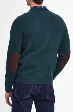 Marled wool yarns bring distinctively mottled color to this scholarly elbow-patch sweater knit in a fit that looks great layered or on its own. 28" length (size Medium) Crewneck Long sleeves with ribbed cuffs 100% wool with leather elbow patches Hand wash, dry flat Imported Leather Elbow Patches, Patch Sweater, Elbow Patch Sweater, Elbow Patch, Elbow Patches, Fabric Gift Bags, Fabric Gifts, Free Fabric, Sweater Knit