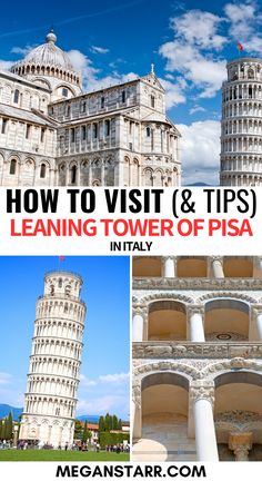 the leaning tower of pisa in italy with text overlay