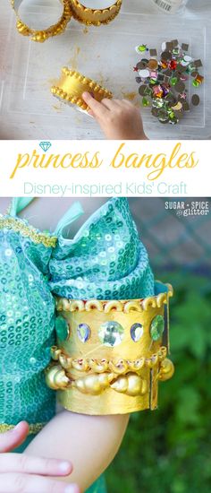 the princess bangles are made out of gold and green fabric, with beads on them