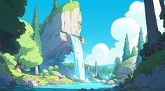 an animated scene of a waterfall in the woods