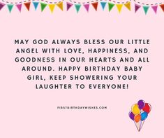 a birthday card for a baby girl with balloons and buntings on pink background