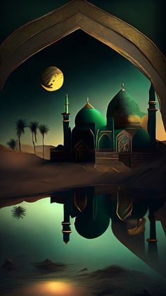 an image of a night scene with the moon in the sky and mosques reflected in the water