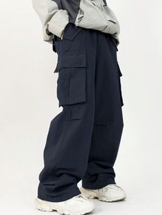 Men's Casual Cargo Pants With Flap Pockets And Drawstring Waist Navy Blue Casual   Woven Fabric Plain Cargo Pants Non-Stretch  Men Clothing, size features are:Bust: ,Length: ,Sleeve Length: Blue Pants With Pockets For Streetwear, Washed Blue Cargo Pants With Side Pockets For Streetwear, Navy Cargo Pants For Streetwear With Pockets, Techwear Denim Cargo Pants, Denim Blue Full-length Cargo Pants For Streetwear, Blue Outfit Men, Navy Blue Outfit, Casual Cargo Pants, Outfits Hombre