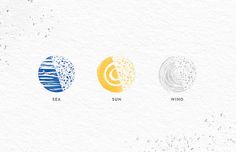 four different types of watercolor paint on paper with the words sea, sun and wind