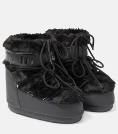 Icon Low faux fur-trimmed snow boots in black - Moon Boot | Mytheresa Emo Shoes, Fur Snow Boots, Pretty Shoes Sneakers, Moon Boot, Fur Shoes, Denim Skirt Women, Black Moon, Ankle Boots Flat, Moon Boots