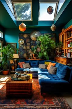 a living room filled with lots of furniture and plants on the walls, windows to the ceiling