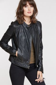 Chelsea Lambskin Leather Moto Jacket | Overland Modern Single-breasted Leather Jacket For Winter, Luxury Single-breasted Leather Jacket For Fall, Chic Single-breasted Leather Jacket, Casual Black Single-breasted Leather Jacket, Sleek Single-breasted Leather Jacket With Long Sleeves, Flight Outfit, Aviator Jackets, Cocktail Attire