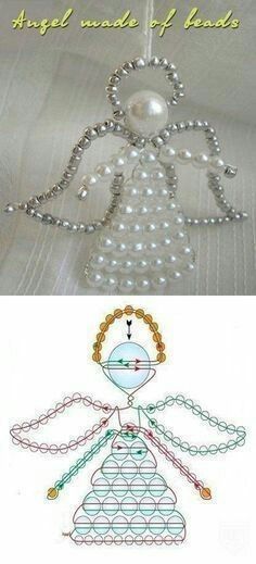 an angel made of beads is shown in two different pictures, one with pearls on it